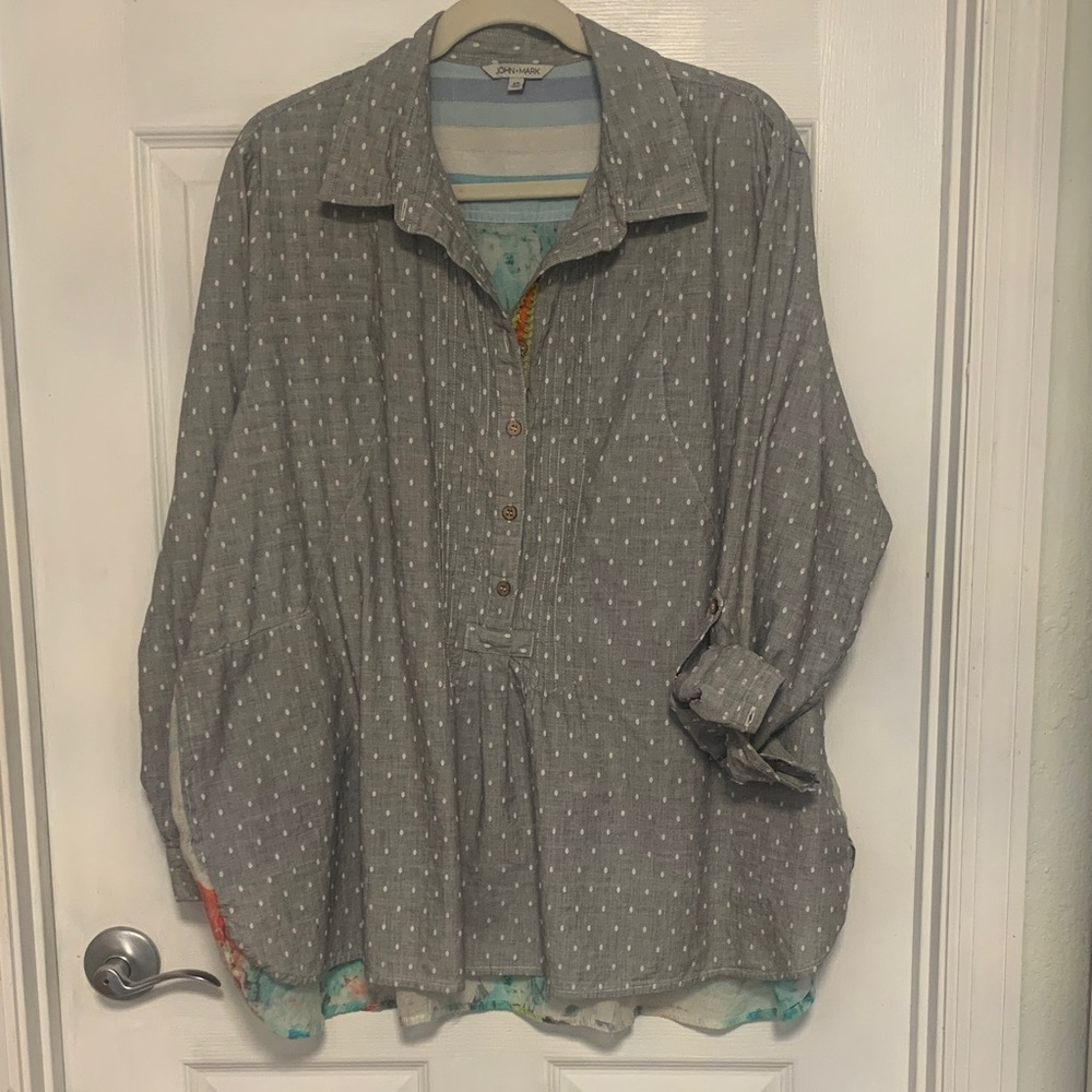 John Mark Blouse Gray Embroidered Floral Semi-Sheer Back Women's Top 2X